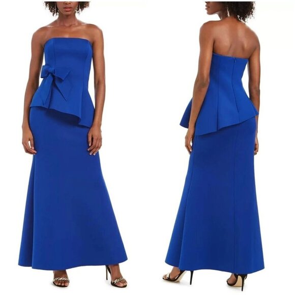 NWT Eliza J Blue Bow Peplum Strapless Gown $198 - Picture 1 of 8